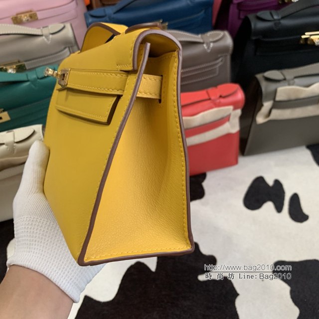 Hermes凱利女包 愛馬仕Minikelly pochette一代 原廠進口swift皮 半手工蠟線 琥珀黃 金銀扣  tdh2269